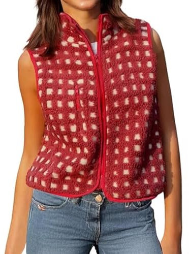 Damen Karierte Polar Fleece Weste ärmellose Strickjacke hoher Kragen Reißverschluss Sherpa Weste Mode rot Karierte Weste, Winter Top rot Sherpa, Karierte Sherpa Weste, Winter Weste (Rot,L)