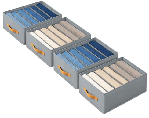 DIMJ 4Pack Wardrobe Closet Organiser and Storage for Clothes, Gray | Foldable Drawer Dividers, 6 Cells Fabric, Stackable Closet Boxes, For Jeans, T-Shirt, Sweaters, Underwear
