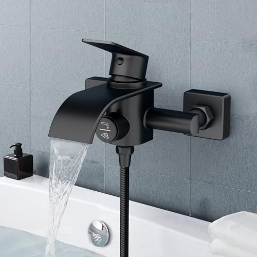 OTOmitra Rubinetto per vasca da bagno a cascata nera, rubinetto per vasca da bagno, rubinetto in ottone, rubinetto per vasca da bagno e bagno