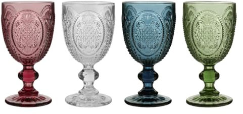 Wine Glasses Set of 4 Embossed Vintage Style Wine Goblet Glassware Set Dishwasher Safe Wine Glass Set Colourful Baroque Footed Wine Chalice Tumblers (Multi)