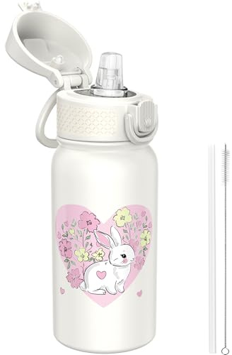 GOPPUS 350ml/12oz Kids Stainless Steel Water Bottle with Straw Toddler Drinks Bottle with Handle Small Insulated Bottles for Girls Boys School Cold Metal Flask with Flip Top Lid BPA Free (White Bunny)