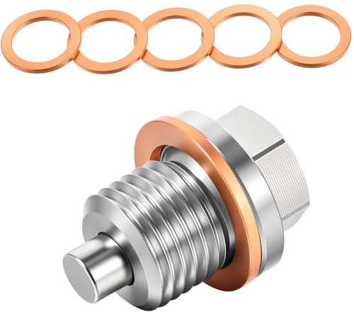 HJZHII M14x1.5 Magnetic Oil Drain Plug, Stainless Steel Sump Drain Nut Bolt with 5 Copper Crush Washer Gaskets Universal Leak-proof Replacement for Most Vehicles