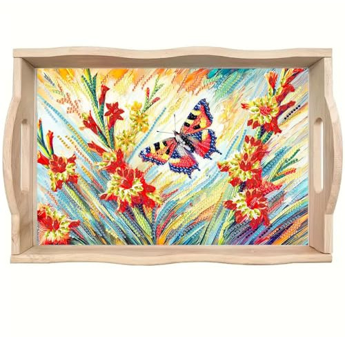 Kit de bandeja de madera para pintura de diamantes, bandejas de alimentos con asa, bandeja de decoración de mesa pintada con diamantes, para desayuno, bar, mesa de cena, juego de arte de pintura de
