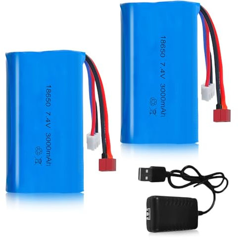 SGZIOO 2pcs 7.4 V 3000 mAh Li-ion Battery, Rechargeable RC Battery 7.4 V with XH-3P Plug and USB Charger, 18560 Li-ion Battery for RC Drone Vehicles Robot Boat Airplane Monster Truck Quadcopter