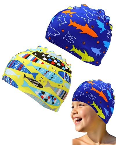 KEMUZ Gorros de Natación Niños 2 Unidades - Gorro Piscina Bebé 1-8 Años, Gorro de Baño Impermeable con Dibujos Animados (Tiburón Azul + Pez Tropical), Elástico y Suave para Niños y Niñas