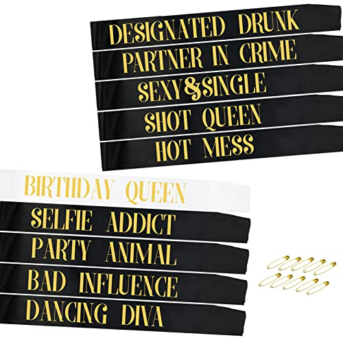 STAY GENT 10Pcs Birthday Sashes for Girls, 1Pcs White Birthday Queen Sash + 9Pcs Black Party Sashes for Birthday Gifts Party Favors Decor Supplies
