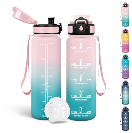 Motswedi Gourde Enfant, 500 ml Sans BPA, Gourde Anti Fuite, avec Marqueur de Temps, Bouteille d'eau, Anti-Fuite, Bouteille pour École, Fitness, Sport, Yoga, Randonnée - Rose&cyan