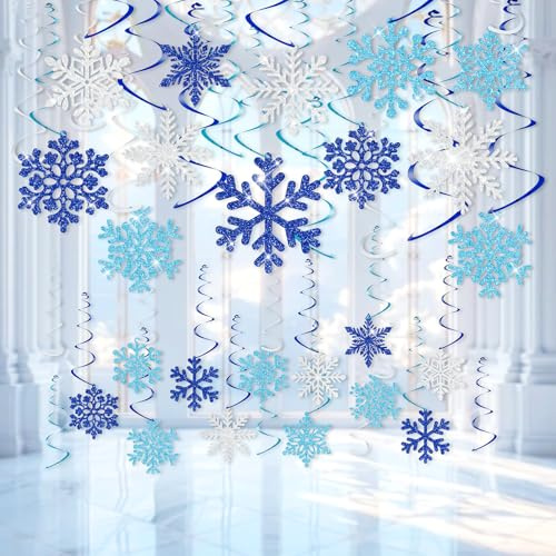 30 Stück Funkeln Schneeflocken Hängende Wirbel Dekorationen Winter Frozen Deko Set Weihnachtsdekorationen für Winter Wunderland Geburtstagsparty-Artikel