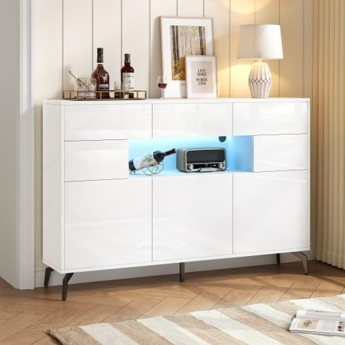 kozamas Sideboard schmal mit LED Beleuchtung, Hoher Kommode Weiß Hochglanz & 5 Metallbeinen, Aufbewahrungsschrank mit 3 Schubladen & App Steuerung, 140x30x94 cm