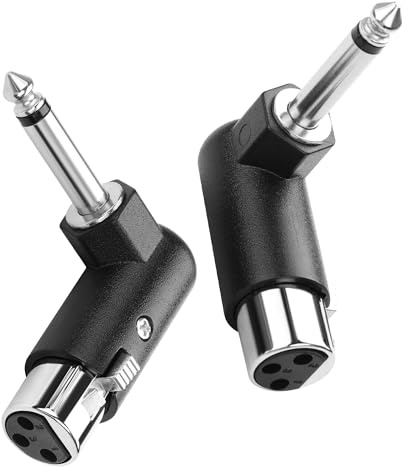 PNGKNYOCN Lot de 2 adaptateurs XLR à 3 broches vers 6,35 mm, angle droit 90 degrés TS mâle vers XLR femelle pour mixeurs, microphones et amplificateurs
