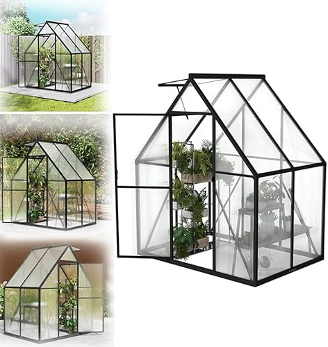 VA-Cerulean Gewächshaus mit Fundament 125x180x195 cm Tomatenhaus Treibhaus Gartengewächshaus Aluminium mit Schiebetür und Dachfenster - Stabil, Winterfest, UV-beständig