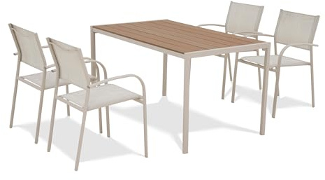 KHG Gartenset grau 5-teilig, Essgruppe Tisch und 4 Stühlen, für Wohnraum | pulverbeschichtetem Stahl und Polywood, wetterfest UV-beständig, 83x75x140 cm, stabil und pflegeleicht, für Zuhause
