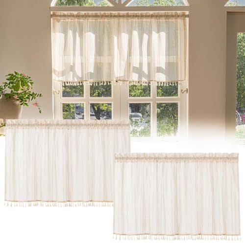 2 stycken skivgardiner moderna, halvtransparenta gardiner, korta av ljusbeige linne, 100 x 60 cm utan borrning, skjutgardin, för små köksfönster, balkongdörrar och husbilar (krämfärg-1)