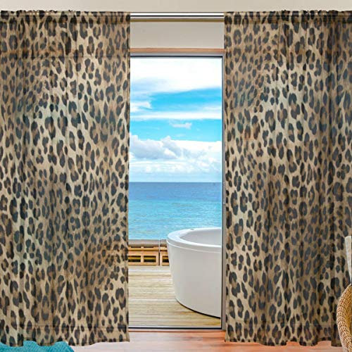 AUUXVA Durchsichtige Vorhänge, Tier-Leopardenmuster, Fenster-Voile-Vorhang für Wohnzimmer, Schlafzimmer, Küche, Heimdekoration, 140 x 213 cm, 2 Vorhänge