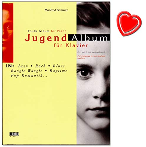 Jugend-Album - eine Sammlung attraktiver Spielstücke für Klavier in aktuell populären Musikstilen für werdende Pianisten von Manfred Schmitz - mit bunter herzförmiger Notenklammer