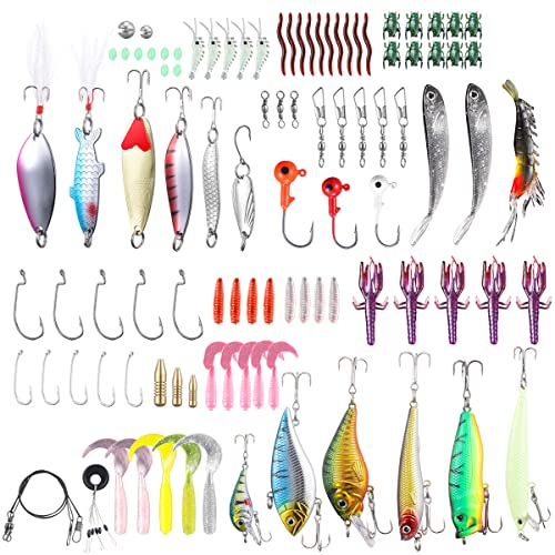 TUXIBIN 101 PCS Angeln Köder gemischt einschließlich Spinner, VIB, Höhenhaken, Einzelhaken, Drehgelenke, Führer, etc. für Süßwasser-Salzwasser-Fischen, mit Aufbewahrungsbox 02G