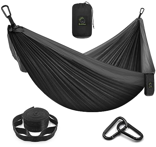 Grassman Camping Hängematte Doppel- und Einzelhängematte mit Baumgurten, leichtes Nylon Fallschirmhängematte Camping Zubehör Ausrüstung für Indoor Outdoor Rucksackreisen, Reisen, schwarz, Double