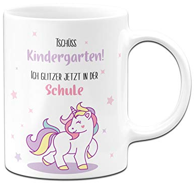 Tassenbrennerei Schulkind Tasse Einhorn - Tschüss Kindergarten! Ich glitzer jetzt in der Schule - Kakaotasse mit Spruch - Geschenk zur Einschulung Mädchen (Weiß)