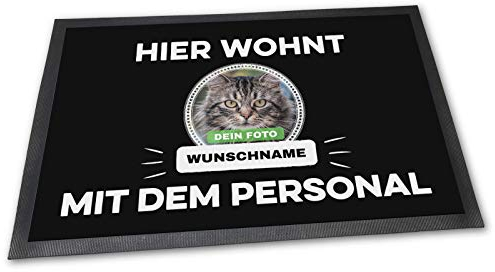 Fußmatte mit eigener Katze - Hier Wohnen - Personalisiert mit WUNSCHFOTO und Wunschname Katzenbesitzer - 75 x 50 cm
