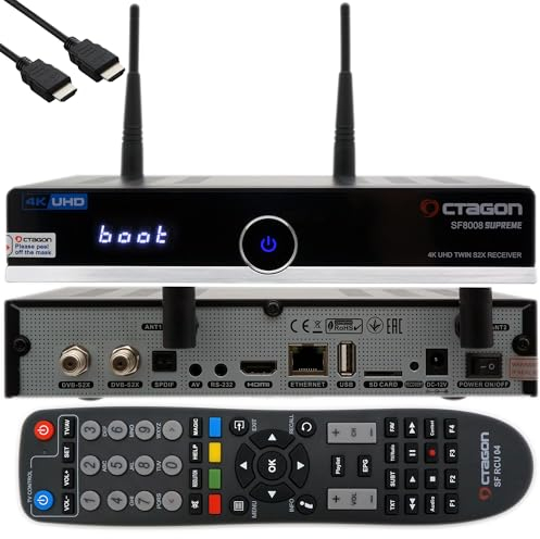 Octagon SF8008 4K Twin Supreme UHD HDR TV Receiver - 2X DVB-S2X Satellit Twin Receiver, E2 Linux Smart TV Box, EasyMouse HDMI, 2.4/5G Dual-Band WiFi, Aufnahmefunktion mit 500GB M.2 SSD