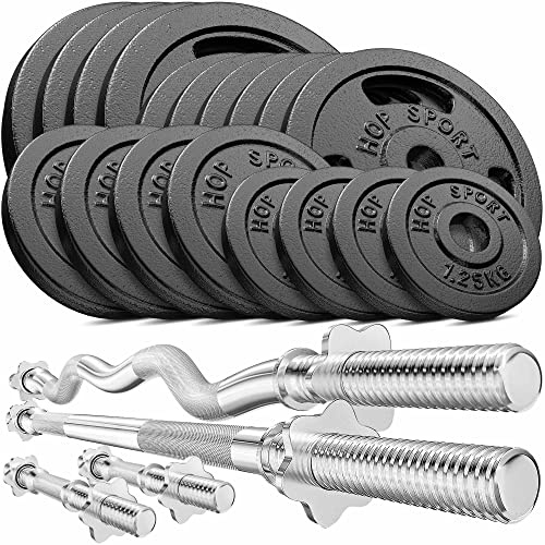 Hop-Sport GUSS Hantelset 106 kg, 1x Langhantel, 1x SZ Stange & 2X Kurzhantel inkl. 18 Hantelscheiben 4x10kg/6x5kg/4x2,5kg/4x1,25kg