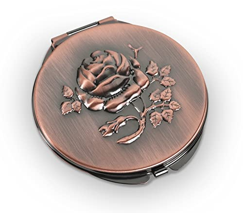 Goshentech Retro Metall taschenspiegel Reise Tragbarer Spiegel Make up Spiegel 1x/2x Vergrößerung Kompakt &Portabel Zusammenklappbar(rot Kupfer)