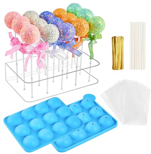 Cake Pop Maker Set, 15 Löcher, transparenter Acryl-Lollipop-Display-Ständer mit 12 Mulden, Silikon-Cake-Pop-Form, Kuchen, Gelee und Schokolade
