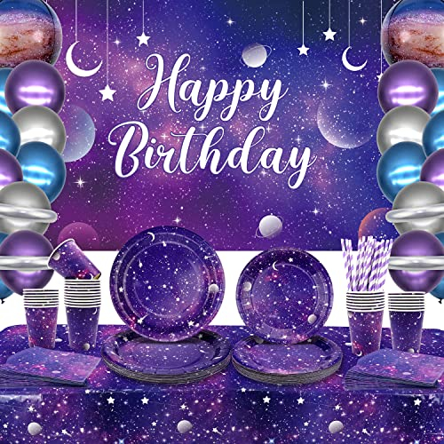 Space Galaxy Partygeschirr Set, Enthält Happy Birthday Banner Hintergrund , Teller, Servietten, Tassen, Tischdecke,Folienballons, Weltraum Deko für kindergeburtstag Planeten 20 Gäste
