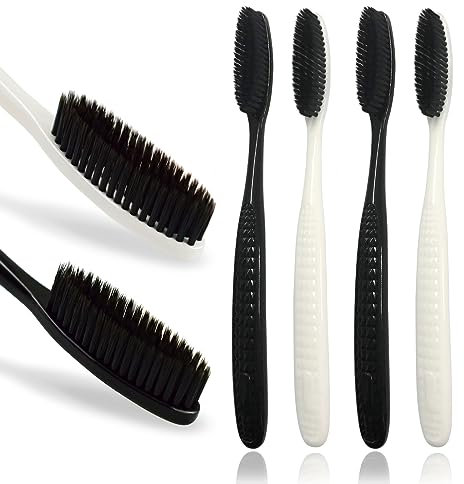 Gold Dawn Riesige Kopfzahnbürste, 4 Stück schwarze mittelweiche Holzkohleborsten, hervorragende Reinigungswirkung, verbesserte Zahnbürste für die tägliche Zahnpflege und empfindliche Zähne und