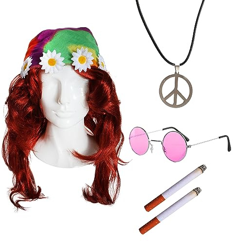 Adults Fabulous Hippie Lady Accessory Set - Pink Glasses, Auburn Wig, Black Necklace With Silver Peace Pendant, 2 Fake Cigarettes and Head Scarf - Perfect for British Icon/Comedy Fancy Dress Event