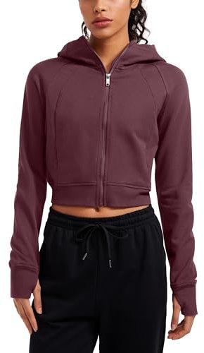 CRZ YOGA Women's Fleece Zip Up Jackets Full Zip Workout Cropped Hoodie Casual Long Sleeve Sweat Jacket with Thumb Holes Dark Red 16