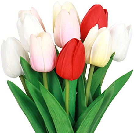 VaryFloral 10 Stück Blumen Künstlich Tulpen Mehrfarbig Kunstblumen Tulpen Fake Blumen Blumenstrauß PU Latex Kunstblumen Deko für Hochzeit Brautsträuße Haus Hotel Garten Party Dekoration Büro