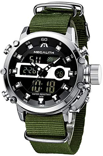 Orologio Uomo Digitale Militare Sportivo - Orologio da Polso Uomo Quadrante Grande LED Orologi Analogico Digitali Impermeabile Allarme Cronometro Calendario Orologi Nylon Verde, Regali da Uomo