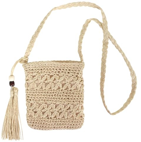Sac à Bandoulière en Paille, Panier Bandoulière Femme, Pochette Sac Paille, Sac Crochet Plage, Panier Bandoulière Femme Bohême, avec Gland et Fermeture Éclair, pour Voyage, Vacances, Plage (Beige)