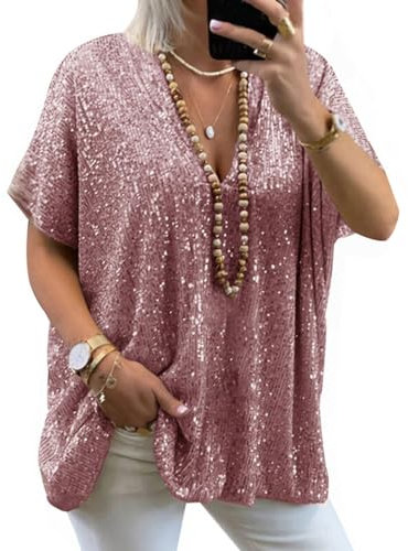 Minetom Femmes T-Shirt Manche Courte Col V Chemisier Haut Lâche Oversize Blouse Paillettes Brillantes Tops Tee Shirt A1 Rose 3XL