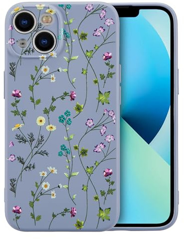 RALEAVO Case for iPhone 13, Cute Flower Silicone Floral Slim Cover, Grey | For iPhone 13 Liquid Silicone Phone Case, for Girls Women Aesthetic Flowers Shockproof Protective Soft Cover