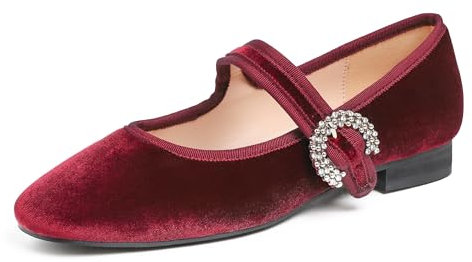 Feversole Women's Square Toe Mary Jane Fashion，Punta Quadrata Easy Buckle Tacco Basso Slip On Flats in Velluto Borgogna Foderato di Pelliccia Taglie 39 EU