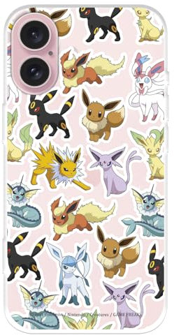 Schutzhülle kompatibel mit iPhone 16, offizielle Pokémon-Eevee Entwicklungen zum Schutz Ihres Handys. Flexible transparente Silikonhülle mit offizieller Pokémon-Lizenz