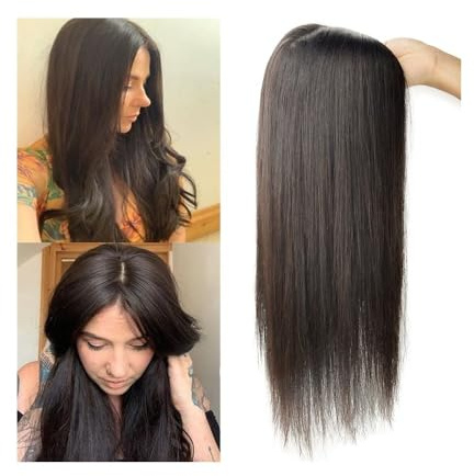 Wellige Perücke 10-24 Zoll langes Echthaar-Topper, 12 x 13 cm, Haarteil mit Seidenbasis, Mittelscheitel, glattes Naturhaar-Topper for Frauen mit dünner werdendem Haar Perückengriff ﻿(20 inches,Medium