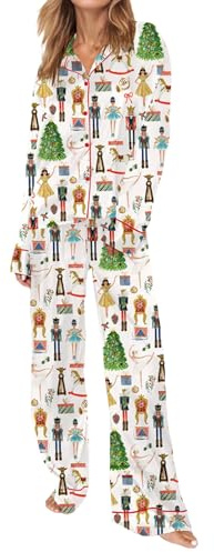 FeMereina Womens Silk Satin Pajama Set Y2k Christmas Nutcracker Long Sleeve Shirt Tops and Wide Leg Pants Sleepwear (White, M)