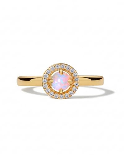 Liberty Angels - Natürlicher Weißer Opal Ring - echter Opalring für Damen aus 925 Sterling Silber mit 18k Gelbgold Vergoldung - Verstellbarer Ring mit Kristallen
