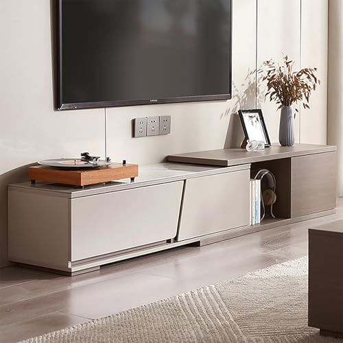 Meuble TV gris moderne avec plateau extensible en dalle rocheuse, console multimédia rétractable et meuble de rangement pour le salon