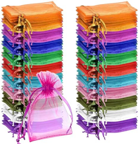 KINDPMA 100 Stück Organzasäckchen Geschenksäckchen 13x18 cm Klein Organzabeutel mit Kordelzug Organza Durchsichtig Organza-Säckchen Weiß für Schmuck Hochzeit Süßigkeiten,farbmischung