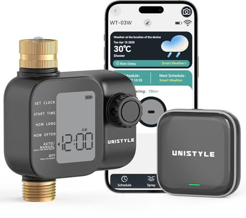 Unistyle Ordenador de riego WiFi con salida de entrada de latón, temporizador inteligente para riego con aplicación, reloj de riego automático para jardín, sistema de riego, con control por voz