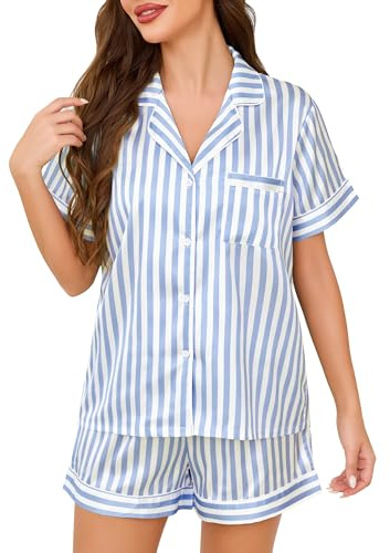 Lovasy Silk Pyjamas for Women Satin Pyjama Set Button Down Ladies Pajamas Classic Short Pjs Sets,Blue Striped,XXL