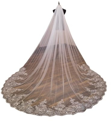 LIZHAYG Schleier Braut Brautschleier Spitzenkante Lang Luxuriöser Brautschleier Applikation Pailletten Weiß/Elfenbein Schleier Mit Kamm Einschichtig 3 Meter(Light Ivory Offwhite,300cm)