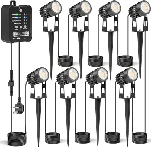 HIBOITEC Low Voltage Garden Lights with Transformer, 68FT Photocell Sensor Garden Spotlights Mains Powered Dimmable 4000K Waterproof Pathway Lighting, Timer Outdoor SpotLights for House Yard Trees