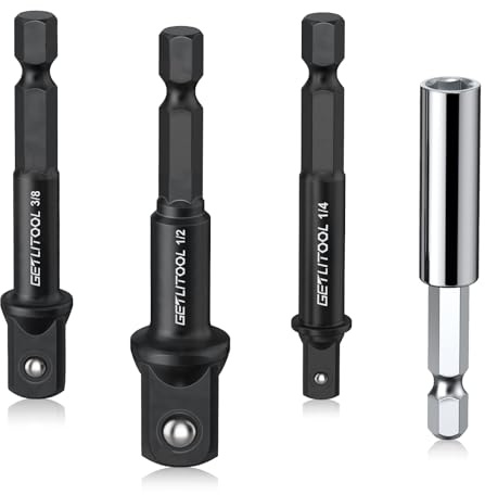 GETLITOOL 4tlg Stecknuss Adapter, 1/4 1/2 3/8 Steckschlüssel Adapter, Magnet-Bithalter, 1/4 Hex-Schaft, Cr-V-Stahl Stecknussadapter für Akku Schrauber Drehmomentschlüssel Schlag-Bohrer