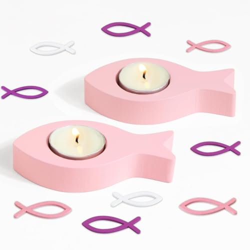 BOFUNX 2er Set Teelichthalter Fisch aus Holz für Kerzen mit Durchmesser 4cm Rosa Fische Kerzenhalter mit 30pcs Holzfische Streudeko Geschenk für Mädchen Junge Taufe Kommunion Konfirmation Tischdeko