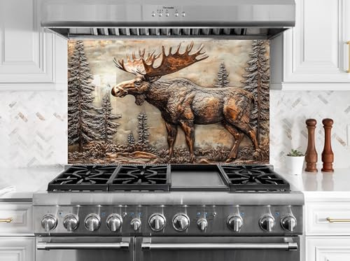 Myphotostation Majestätischer Elch im Kupferwaldglas, Küchenrückwand aus gehärtetem Glas, Spritzschutz für Küche, Herd, Wandschutz, Herd-Wandplatte, Herd-Rückabdeckung, 63 x 45 cm (B x H)
